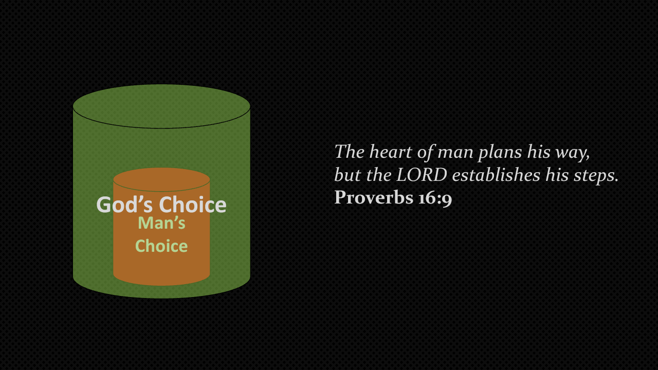 Diagram showing man's choice within God's sovereign choice alongside Proverbs 16:9